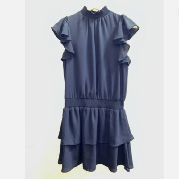 1. STATE Navy Blue Mock Neck Smocked Blouson Ruffle Mini Dress Women's Size XS - Picture 2 of 10